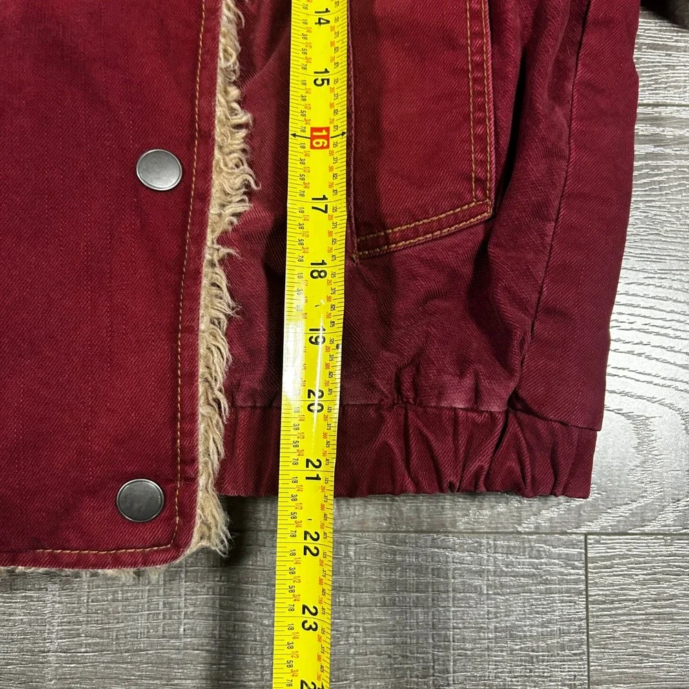 Free People Owen Sherpa Denim Jacket Wine Burgundy Faux Fur Trim OB822073 Size M - Picture 5 of 8